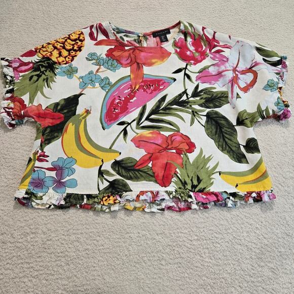 Tahari Tropical Print Short Sleeve Top Boxy cut Linen Blend Sz L Tropical Garden - Picture 1 of 9